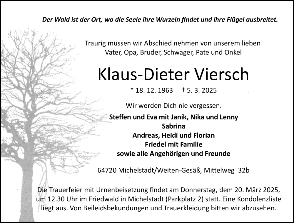  Traueranzeige für Klaus-Dieter Viersch vom 15.03.2025 aus Odenwälder Echo