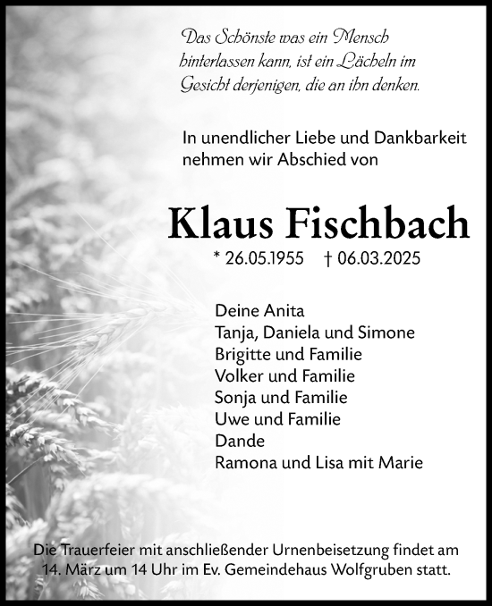Traueranzeige von Klaus Fischbach von Hinterländer Anzeiger