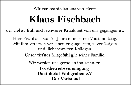 Traueranzeige von Klaus Fischbach von Hinterländer Anzeiger