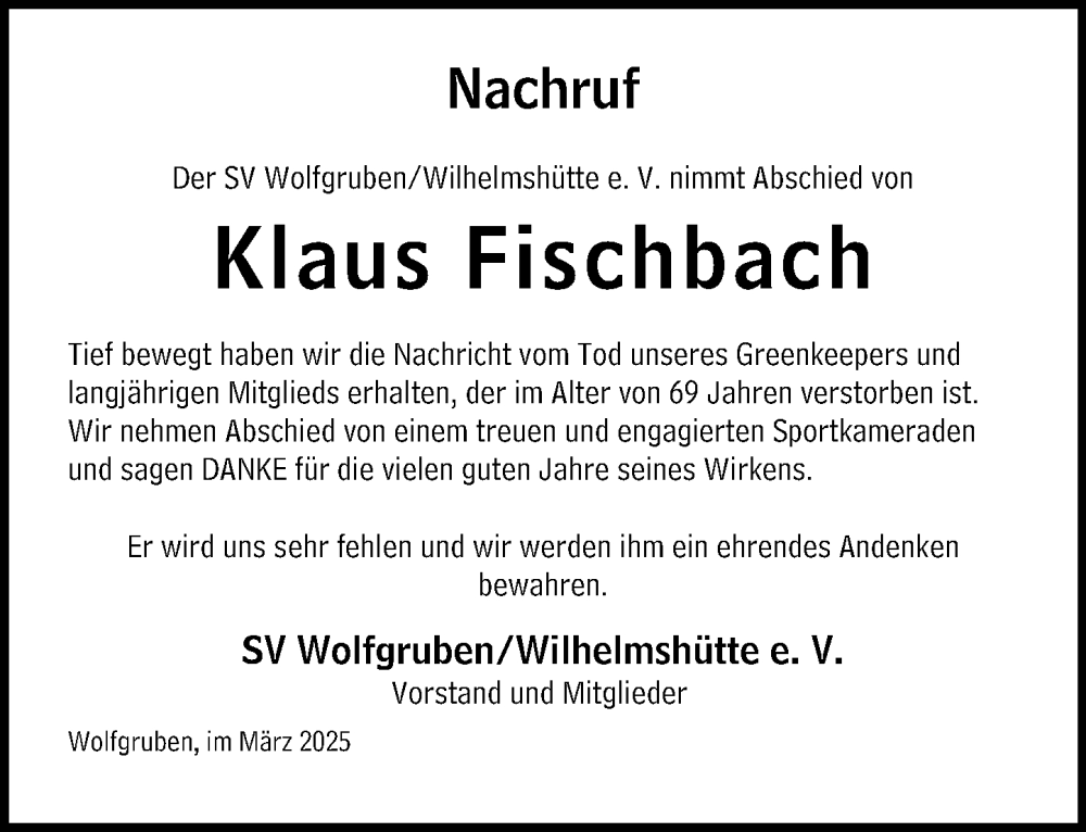  Traueranzeige für Klaus Fischbach vom 13.03.2025 aus Hinterländer Anzeiger