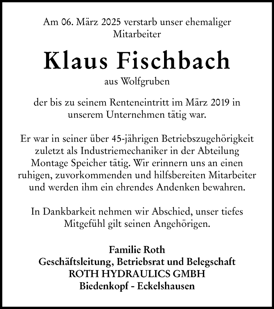  Traueranzeige für Klaus Fischbach vom 12.03.2025 aus Hinterländer Anzeiger