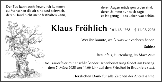 Traueranzeige von Klaus Fröhlich von Wetzlarer Neue Zeitung