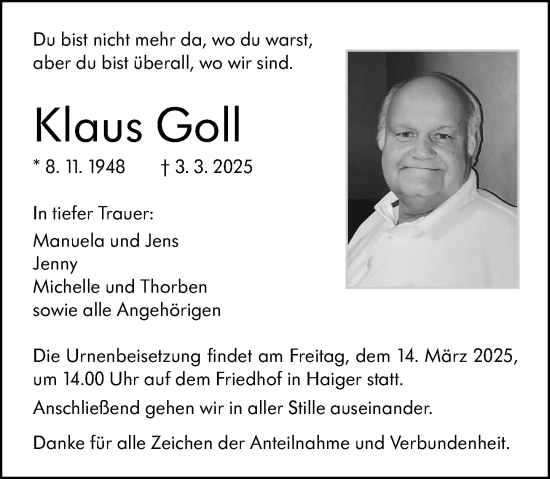 Traueranzeige von Klaus Goll von Dill Block