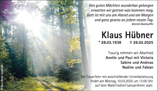 Traueranzeige von Klaus Hübner von Starkenburger Echo