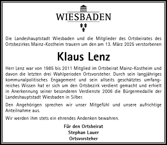 Traueranzeige von Klaus Lenz von Wiesbadener Kurier