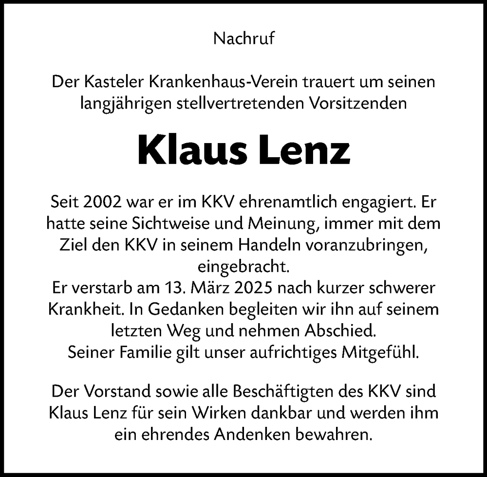  Traueranzeige für Klaus Lenz vom 29.03.2025 aus Allgemeine Zeitung Mainz