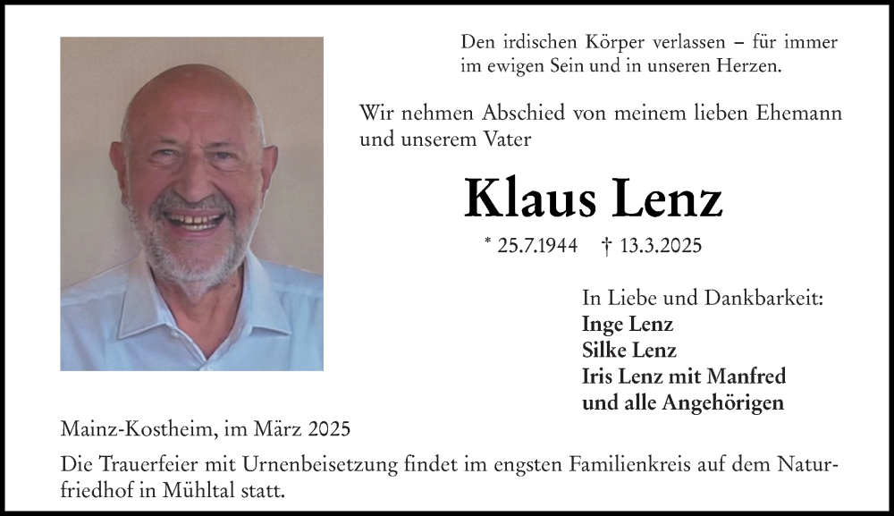  Traueranzeige für Klaus Lenz vom 22.03.2025 aus Allgemeine Zeitung Mainz