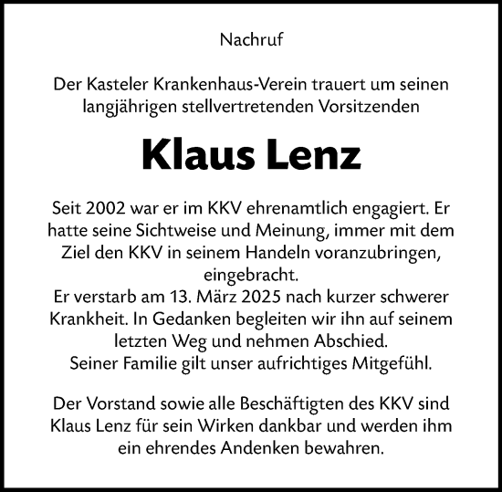 Traueranzeige von Klaus Lenz von Allgemeine Zeitung Mainz