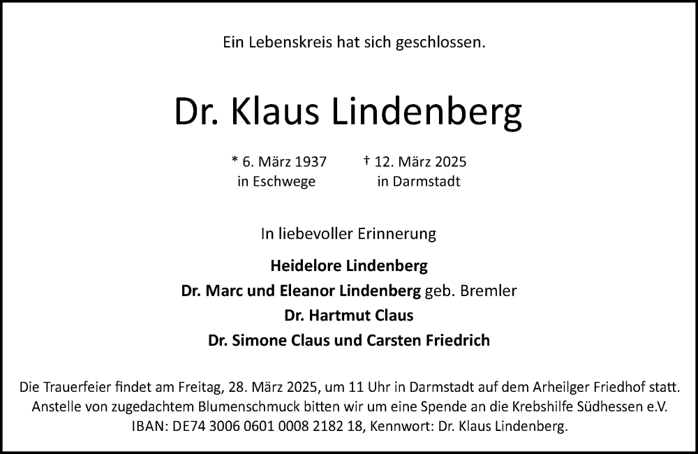  Traueranzeige für Klaus Lindenberg vom 22.03.2025 aus Darmstädter Echo