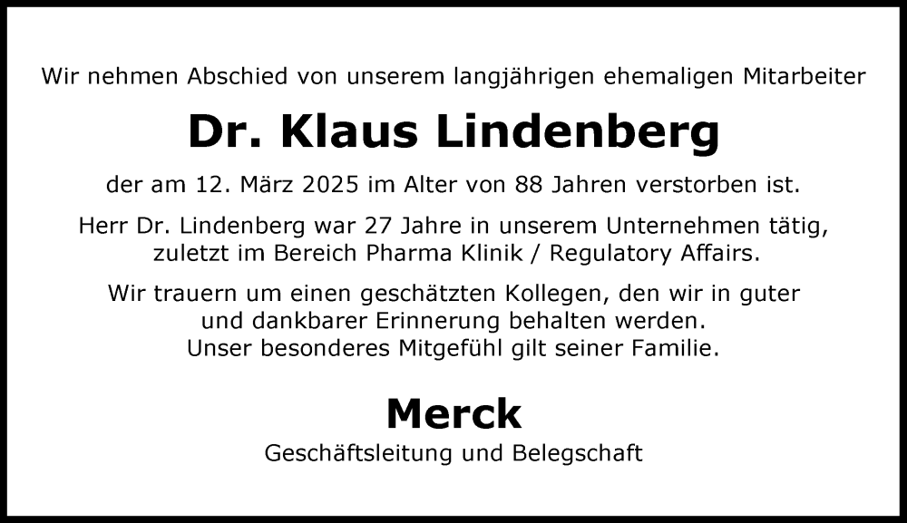  Traueranzeige für Klaus Lindenberg vom 22.03.2025 aus Darmstädter Echo