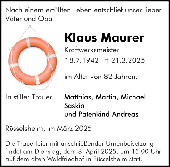 Traueranzeige von Klaus Maurer von Rüsselsheimer Echo