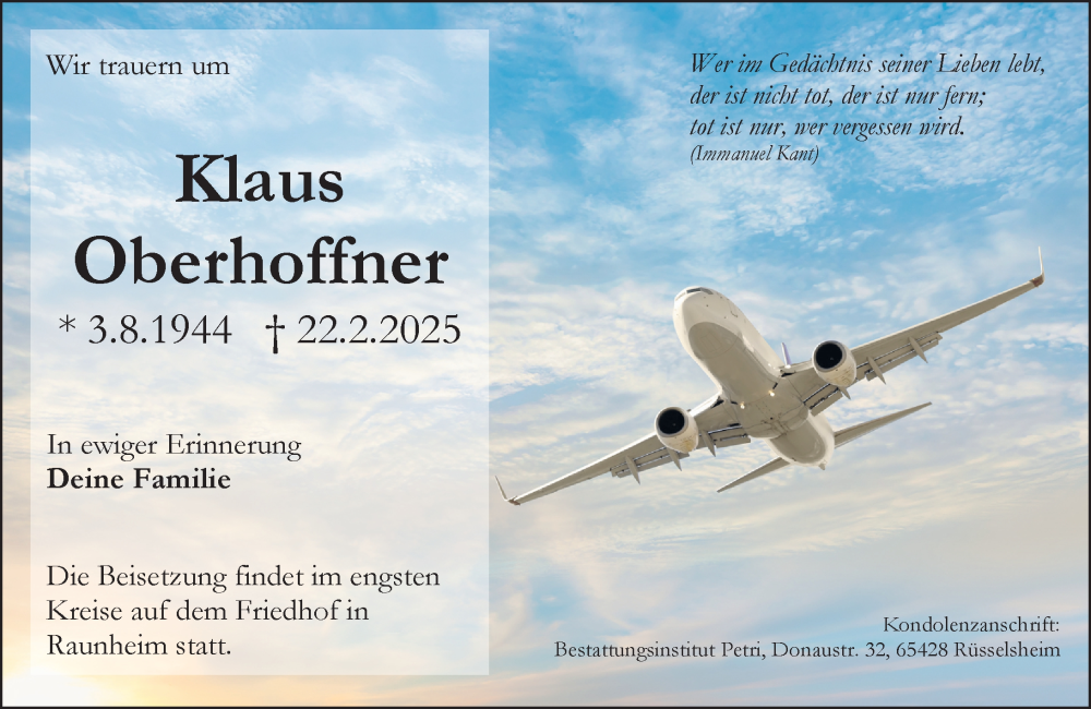  Traueranzeige für Klaus Oberhoffner vom 01.03.2025 aus Rüsselsheimer Echo