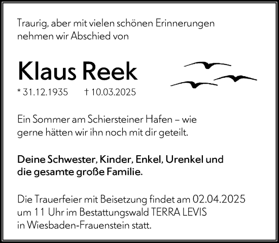 Traueranzeige von Klaus Reek von Wiesbadener Kurier
