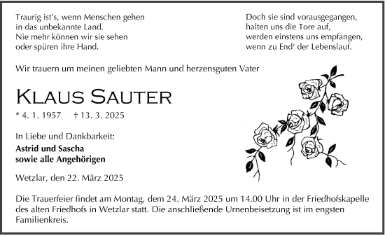 Traueranzeige von Klaus Sauter von Wetzlarer Neue Zeitung
