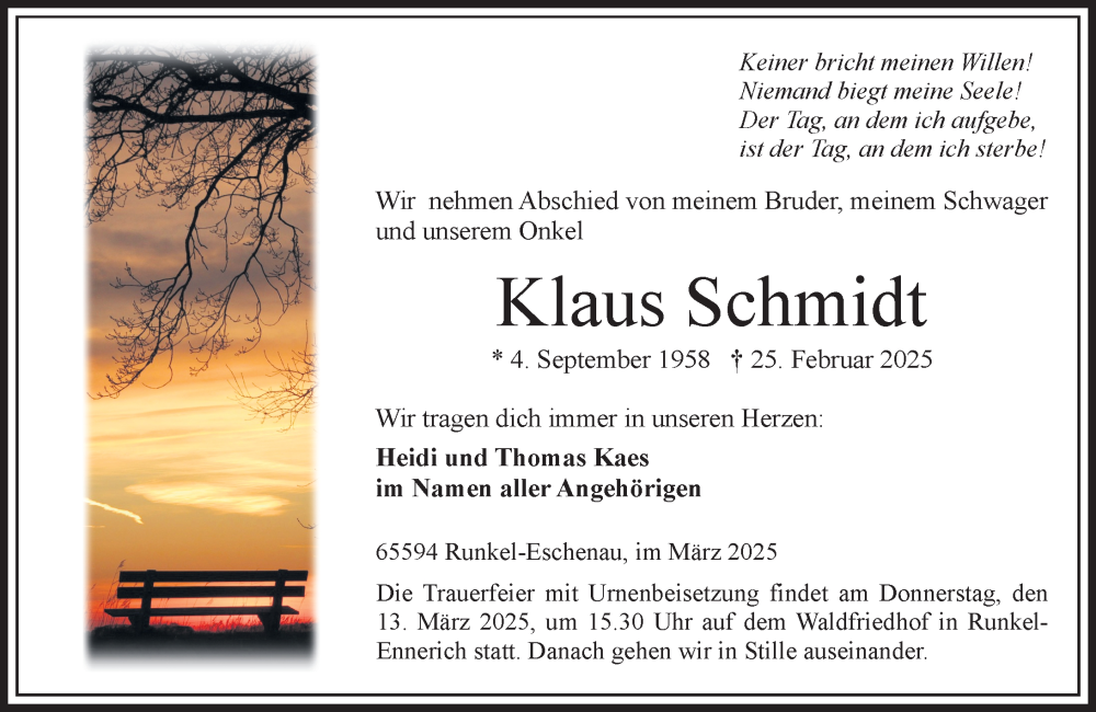  Traueranzeige für Klaus Schmidt vom 08.03.2025 aus Nassauische Neue Presse