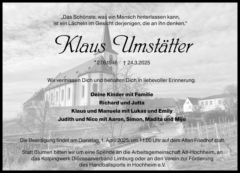  Traueranzeige für Klaus Umstätter vom 28.03.2025 aus Hochheimer Zeitung