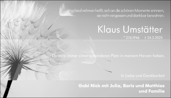 Traueranzeige von Klaus Umstätter von Hochheimer Zeitung