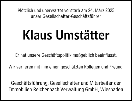 Traueranzeige von Klaus Umstätter von Hochheimer Zeitung