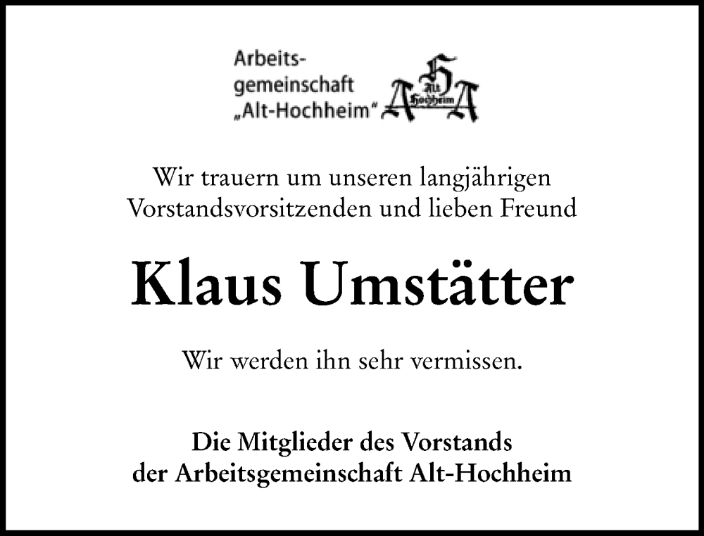  Traueranzeige für Klaus Umstätter vom 28.03.2025 aus Hochheimer Zeitung