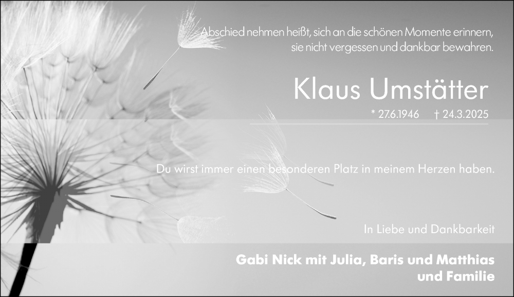  Traueranzeige für Klaus Umstätter vom 28.03.2025 aus Hochheimer Zeitung