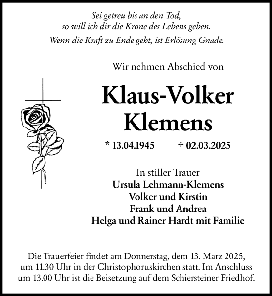 Traueranzeige von Klaus-Volker Klemens von Wiesbadener Kurier