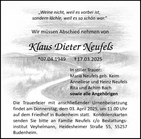 Traueranzeige von Klaus Dieter Neufels von Allgemeine Zeitung Mainz