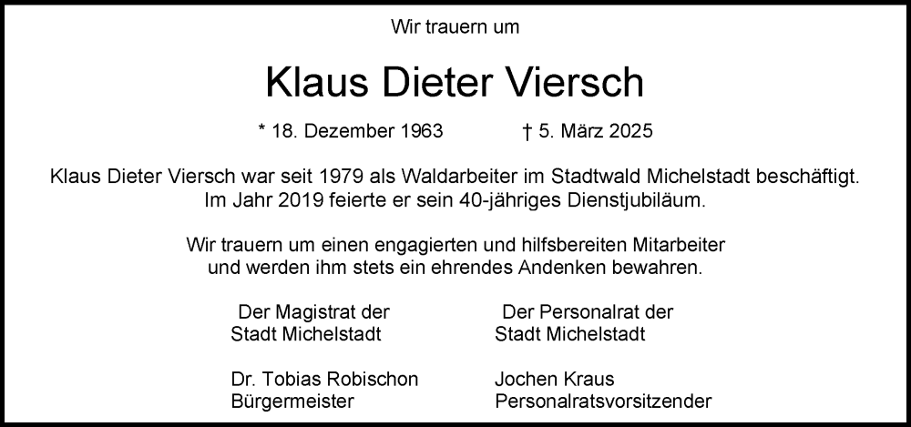 Traueranzeige für Klaus Dieter Viersch vom 19.03.2025 aus Odenwälder Echo