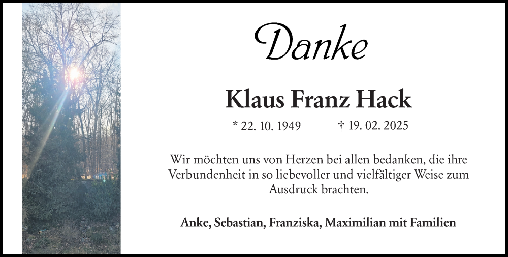  Traueranzeige für Klaus Franz Hack vom 22.03.2025 aus Darmstädter Echo