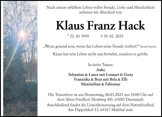 Traueranzeige von Klaus Franz Hack von Darmstädter Echo