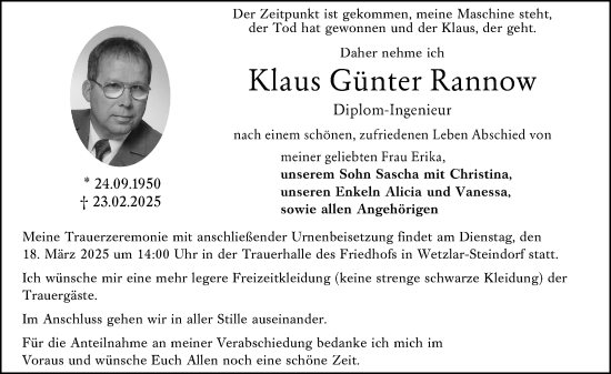 Traueranzeige von Klaus Günter Rannow von Wetzlarer Neue Zeitung