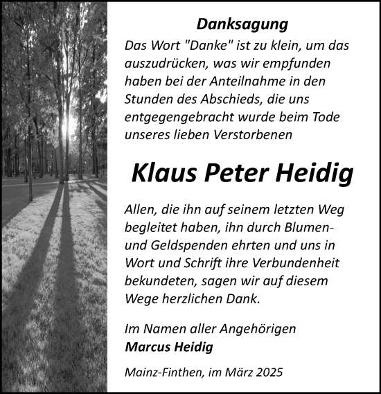 Traueranzeige von Klaus Peter Heidig von Allgemeine Zeitung Mainz