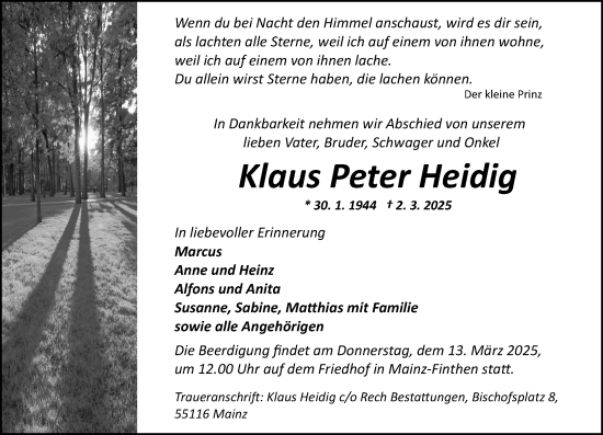 Traueranzeige von Klaus Peter Heidig von Allgemeine Zeitung Mainz