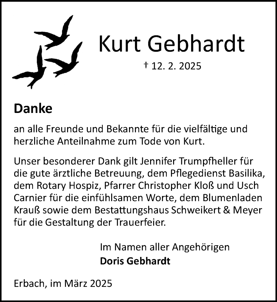  Traueranzeige für Kurt Gebhardt vom 22.03.2025 aus Odenwälder Echo