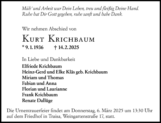 Traueranzeige von Kurt Krichbaum von Darmstädter Echo