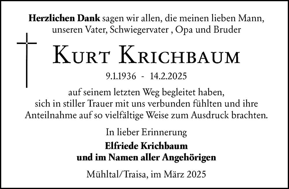  Traueranzeige für Kurt Krichbaum vom 22.03.2025 aus Darmstädter Echo