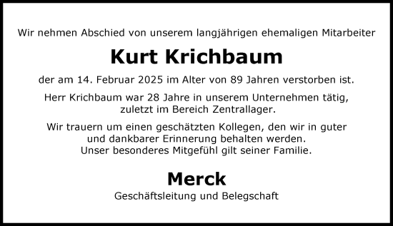 Traueranzeige von Kurt Krichbaum von Darmstädter Echo