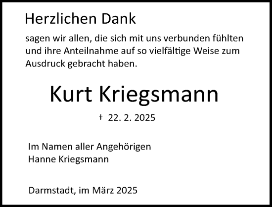 Traueranzeige von Kurt Kriegsmann von Darmstädter Echo