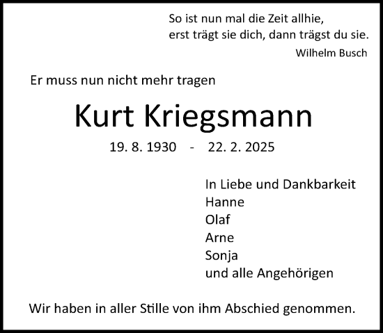 Traueranzeige von Kurt Kriegsmann von Darmstädter Echo