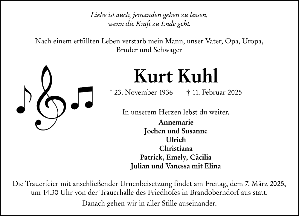  Traueranzeige für Kurt Kuhl vom 01.03.2025 aus Wetzlarer Neue Zeitung