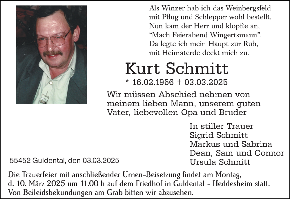  Traueranzeige für Kurt Schmitt vom 06.03.2025 aus Allgemeine Zeitung Rheinhessen-Nahe