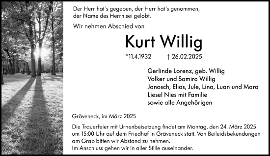 Traueranzeige von Kurt Willig von Weilburger Tageblatt
