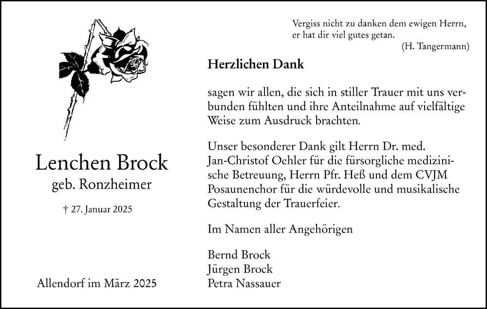  Traueranzeige für Lenchen Brock vom 08.03.2025 aus Hinterländer Anzeiger