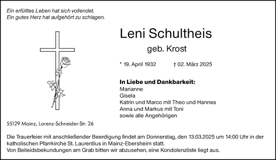 Traueranzeige von Leni Schultheis von Allgemeine Zeitung Mainz