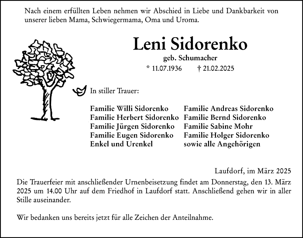  Traueranzeige für Leni Sidorenko vom 10.03.2025 aus Wetzlarer Neue Zeitung