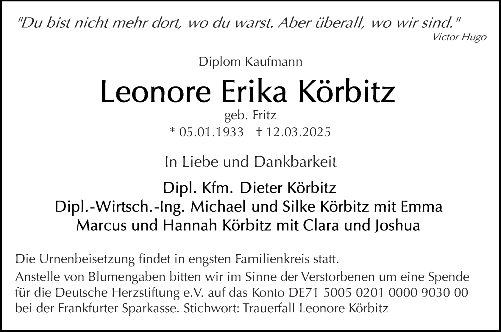  Traueranzeige für Leonore Erika Körbitz vom 22.03.2025 aus Odenwälder Echo