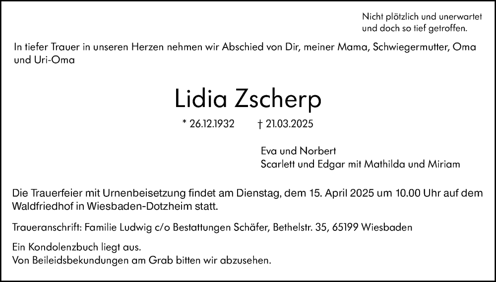  Traueranzeige für Lidia Zscherp vom 29.03.2025 aus Wiesbadener Kurier