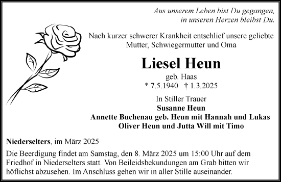 Traueranzeige von Liesel Heun von Camberger Anzeiger