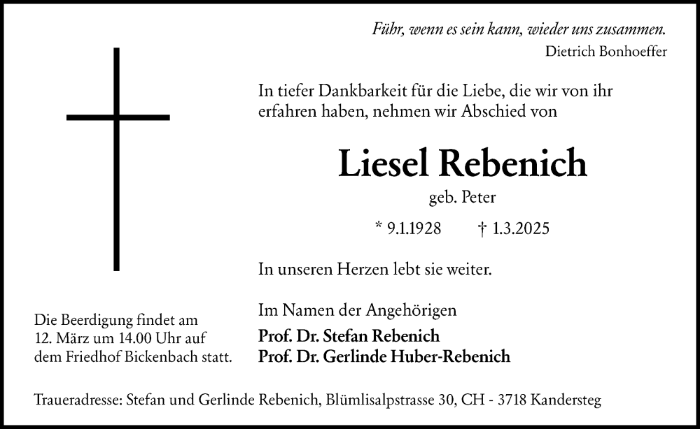  Traueranzeige für Liesel Rebenich vom 08.03.2025 aus Darmstädter Echo