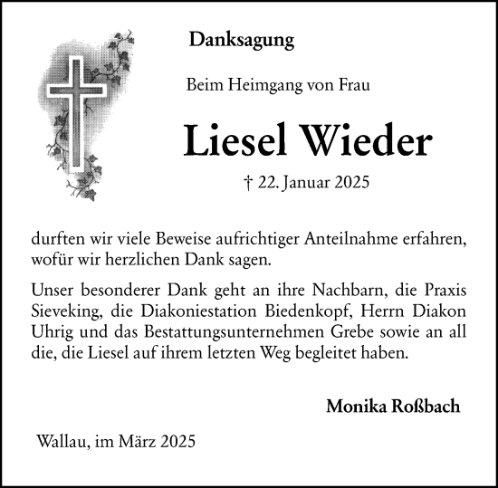 Traueranzeige von Liesel Wieder von Hinterländer Anzeiger