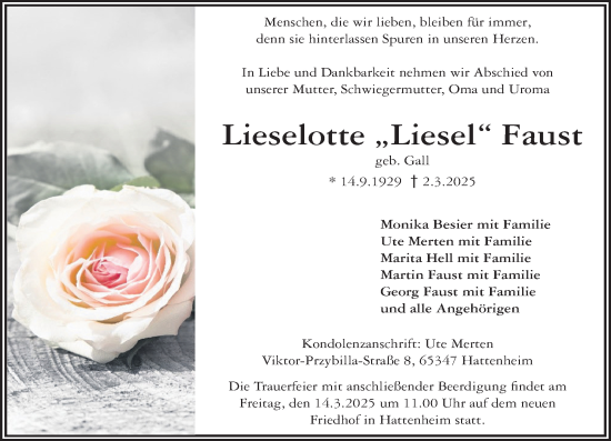 Traueranzeige von Lieselotte Faust von Rheingau Kurier